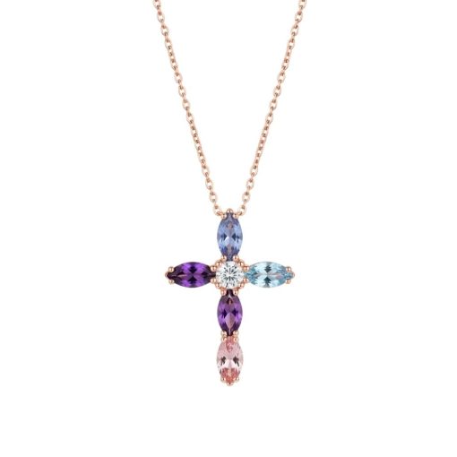 Collana corta in argento rosse con croce di cristalli