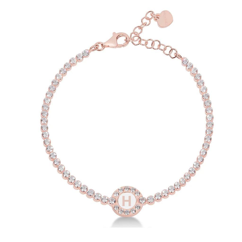 Bracciale tennis in argento rose con zirconi lettera H