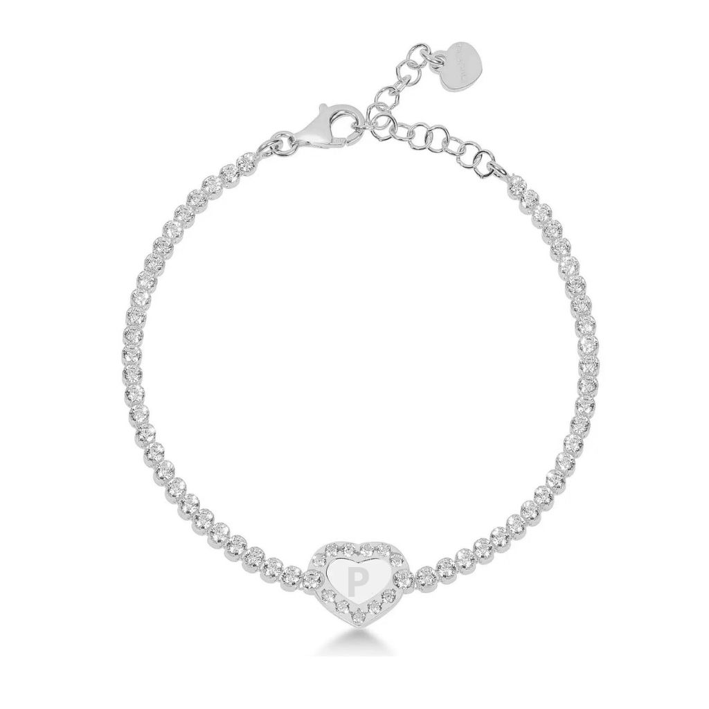 Bracciale tennis in argento con cuore letteraP