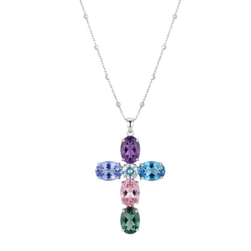 Collana corta in argento con croce di cristalli