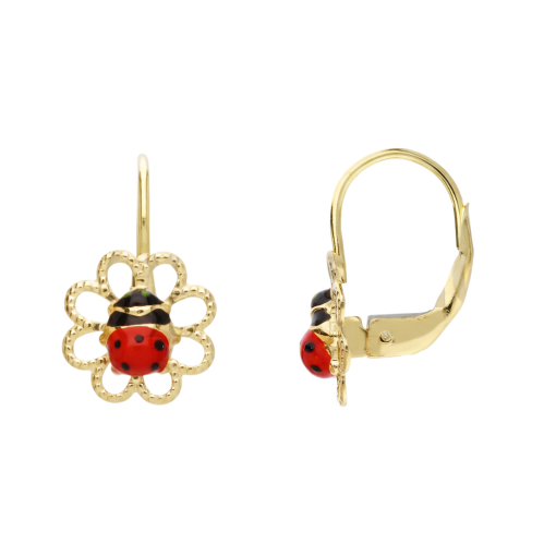 Orecchini coccinella con fiore oro 750‰